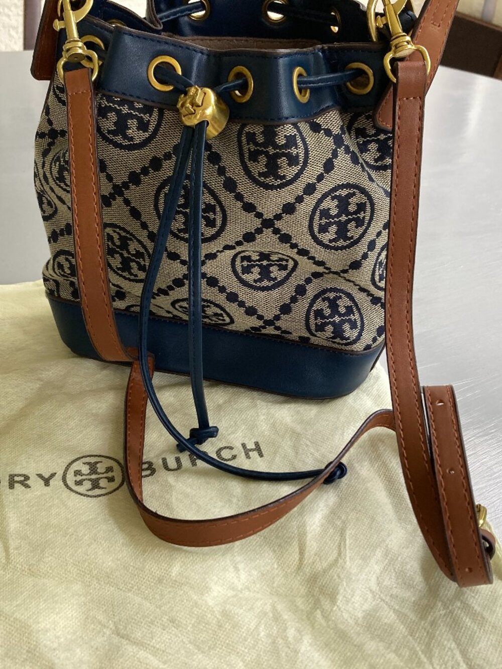 Tory Burch Denim Like Bucket Bag Drawstring  Crossbody  8X8 Mini NEW